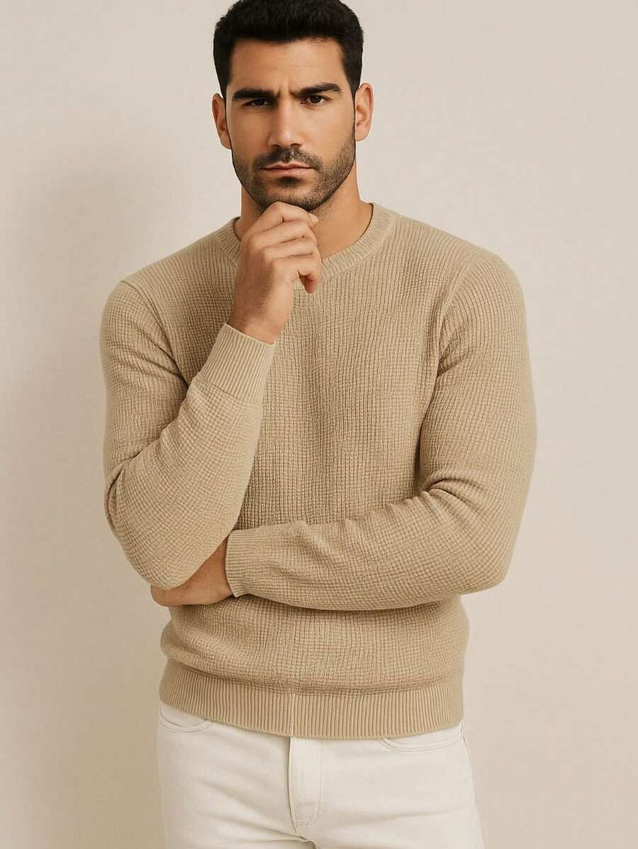 Men's Knitted Sweater, Round Neck, Long Sleeve, Basic Casual Knit Top - 深米色 - 查看 1