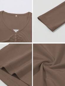 Áo thun nữ GAOVOT, phong cách Y2K thường ngày, gợi cảm, màu trơn, phối ren, tay dài, cổ chữ V, thích hợp cho đi làm vào mùa xuân. - màu cà phê - Xem 9