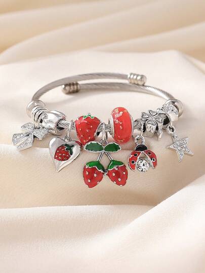 1 pieza Elegante y dulce pulsera de acero inoxidable con pintura al óleo de cereza, fresa, corazón, lazo, mariquita, trébol de cuatro hojas, adecuada para uso diario casual, citas, fiestas y viajes de mujeres