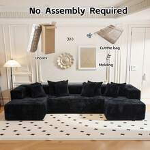 132''U-Shape Modular Sectional Couch Sofa, Boneless Sectional Couch Compressed Corduroy, Modern Sleeper Sofa For Living Room, Space-Efficient Design Convertible Corduroy Sectional Couch(3 Packages Shipping) - 黑色 - 查看 3
