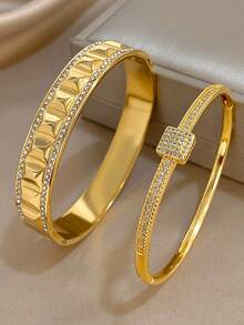 Juego de pulseras de acero inoxidable chapadas en oro de 18K con circonita, joyas de lujo y moda para mujeres, para Halloween, Navidad, Acción de Gracias, estilo bohemio, para uso diario, fiestas de verano, regalo para mamá, regalo de vuelta a la escuela, regalo de cumpleaños, regalo de aniversario, regalo de San Valentín