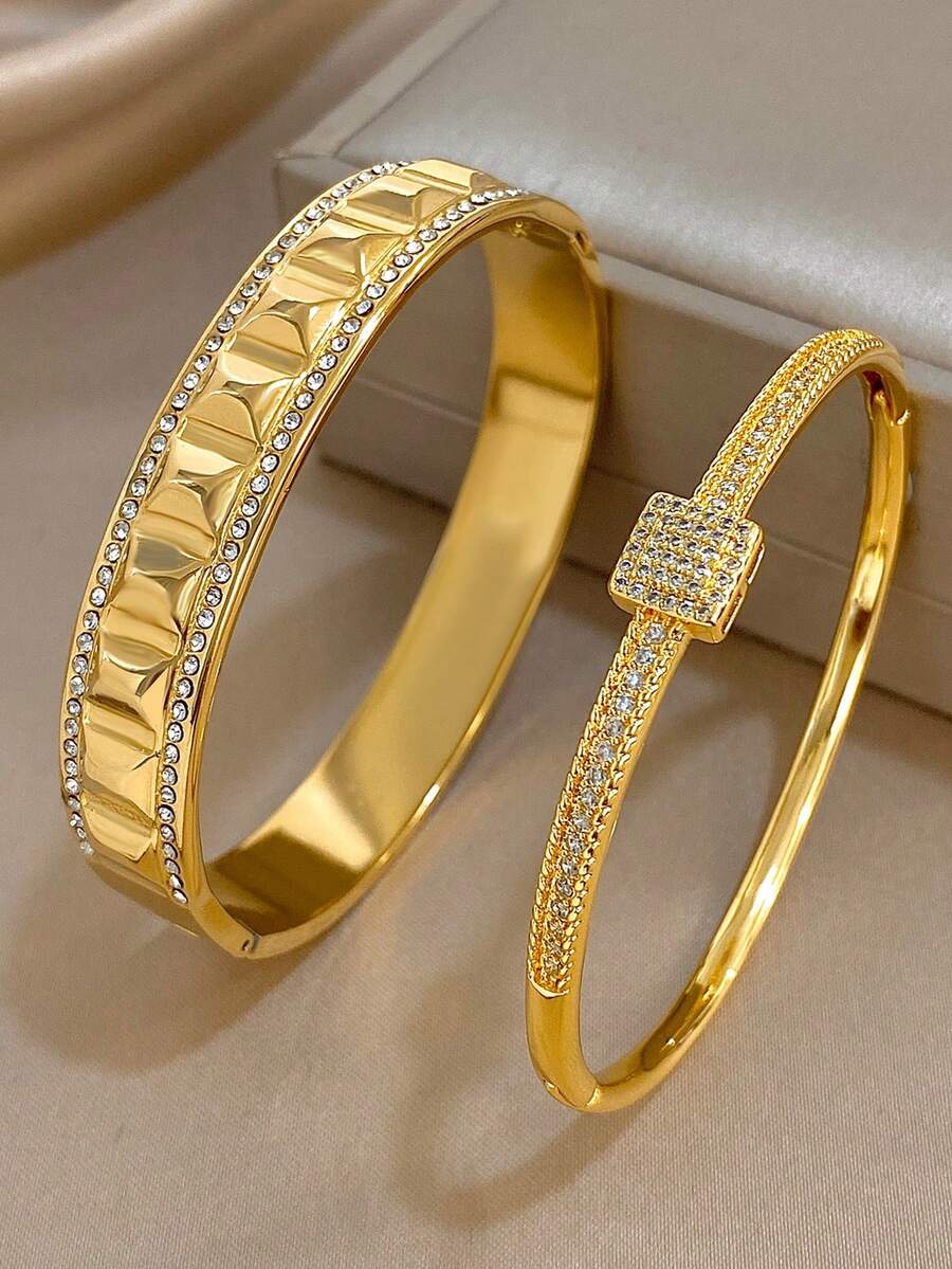 Juego de pulseras de acero inoxidable chapadas en oro de 18K con circonita, joyas de lujo y moda para mujeres, para Halloween, Navidad, Acción de Gracias, estilo bohemio, para uso diario, fiestas de verano, regalo para mamá, regalo de vuelta a la escuela, regalo de cumpleaños, regalo de aniversario, regalo de San Valentín