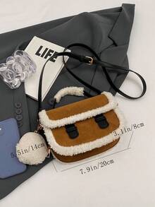 时尚棕色绒面绒毛饰边迷你手提包 - 棕色 - 查看 2