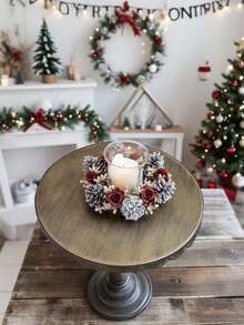 1pc/2pcs Christmas Candlestick Wreath Artificial Pine Cone Red Rose Flower Gold Flower, Winter Artificial Rose Flower Greenery Leaf Plant Candlestick Wreath, Faux Pine Fake Green Leaf Candle Ring Xmas Ornaments, For Christmas Decoration Christmas Decorations Room Decor