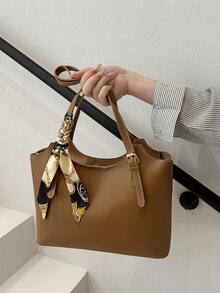 Fashionable Unique Design Shoulder Bag, Versatile With Stitching Underarm Strap, Scarf Decor, Large Capacity Book Tote Bag, Suitable For Women Commuting, Vacation, Outdoor - Brown - View 6