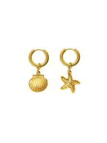1 Pair Stainless Steel Waterproof & Fade-Resistant Shell & Starfish Marine Life Beach Vacation Hoop Earrings, Suitable For Women's Daily Wear - Gold - View 6