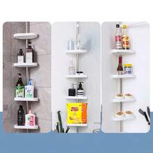 طقم رف زاوية استحمام 4 طبقات، منظم حمام قابل للتعديل، رف تخزين حمام بدون حاجة للحفر، منصة استحمام قائمة على الأرض، منظم استحمام، حامل جل استحمام وشامبو وصابون، اكسسوارات حمام، ديكور غرفة