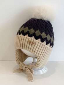 儿童针织帽，钻石提花婴儿针织帽，绒球设计，男童女童秋冬护耳帽，秋冬婴儿户外保暖帽，撞色设计，婴儿冬季防风帽，适合户外，时尚百搭，日常休闲 - 針織帽 - 查看 15