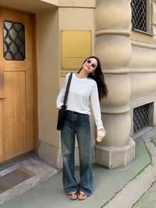 女士棉质长袖 T 恤，宽松中长款白色上衣，分层衬衫，秋冬时尚 - 白色 - 查看 3