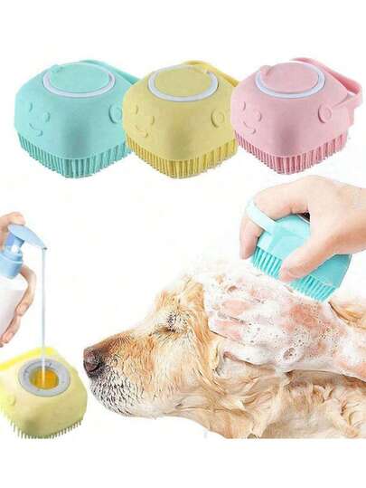1 pieza Cepillo de baño de verano para mascotas, herramienta de aseo de goma de silicona con almacenamiento de champú para perros y gatos