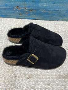 Women's Buckle Design Casual Slip-On Slippers With Fleece Lining - Black - View 2