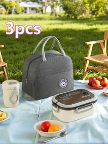 3pcs Plastic PP Bento Box Set With Lid, Compartments, Reusable, Microwave , Includes Cutlery And Insulated Lunch Bag With Zipper, Suitable For Office, School, Home, Outdoor, Travel, Camping