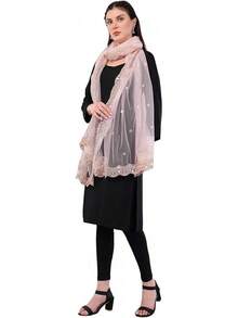 Scalloped Cutwork Net Dupatta, Lightweight And Sheer Shawl, Scarf, Wrap - 淺粉色 - 查看 1