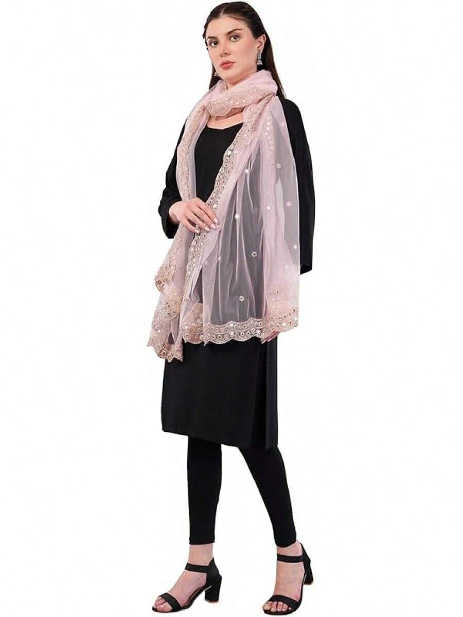 Scalloped Cutwork Net Dupatta, Lightweight And Sheer Shawl, Scarf, Wrap - 淺粉色 - 查看 1