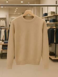 Men's Knitted Sweater, Round Neck, Long Sleeve, Basic Casual Knit Top - 深米色 - 查看 2