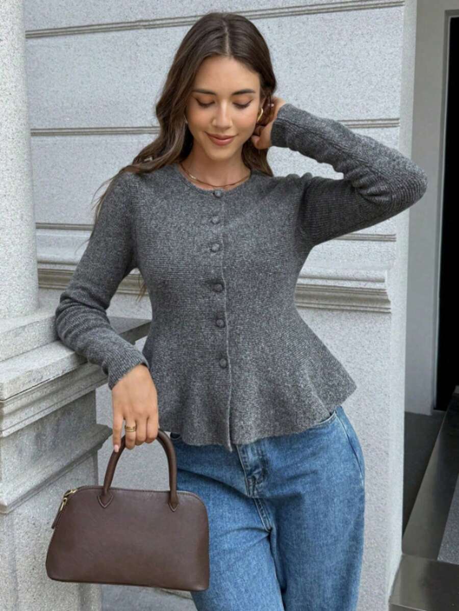 FOR BEAUTY 女士灰色圆领长袖收腰毛衣，新款休闲通勤开衫，时尚优雅简约外套，套头衫，新年必备 - 灰色 - 查看 1