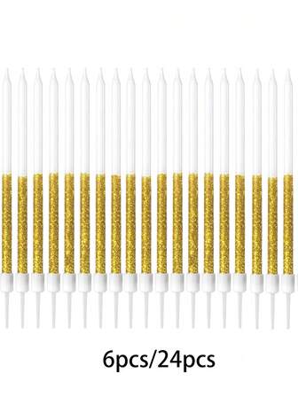 6支金色闪光直蜡烛，适用于生日、周年纪念、婚礼、派对蛋糕装饰