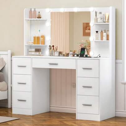 Ampio tavolo da trucco con luci LED dimmerabili, tavolo da trucco con specchio, toletta con 7 cassetti, 4 ripiani aperti e 5 ganci per gioielli, bianco