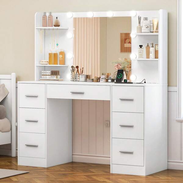 Ampio tavolo da trucco con luci LED dimmerabili, tavolo da trucco con specchio, toletta con 7 cassetti, 4 ripiani aperti e 5 ganci per gioielli, bianco