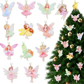 12pcs/24pcs/36pcs Christmas Wooden Hanging Decorations, Colorful Fairy Tale Pendants For DIY Crafts To Decorate Door, Wall, Room, Wooden Decor Items. We Use Floral Fairy As The Main Body Of These Wooden Fairy Hanging Decorations, And Design Yellow, Pink, Green, Blue, Purple Floral Fairy Decorations. Home Decor Christmas Decorations Room Decor Winter
