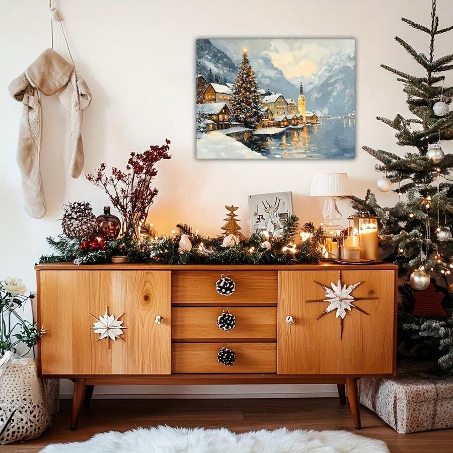 1pc Hallstatt Village Christmas Scene Canvas Print - Winter Scenery Wall Art, Waterproof, Suitable For Home Decor, Room Decor, Bedroom Decor, Living Room Decoration, Bathroom Decor, Wall Decor, Christmas Decorations For Home, Optional Wall Art With Frame