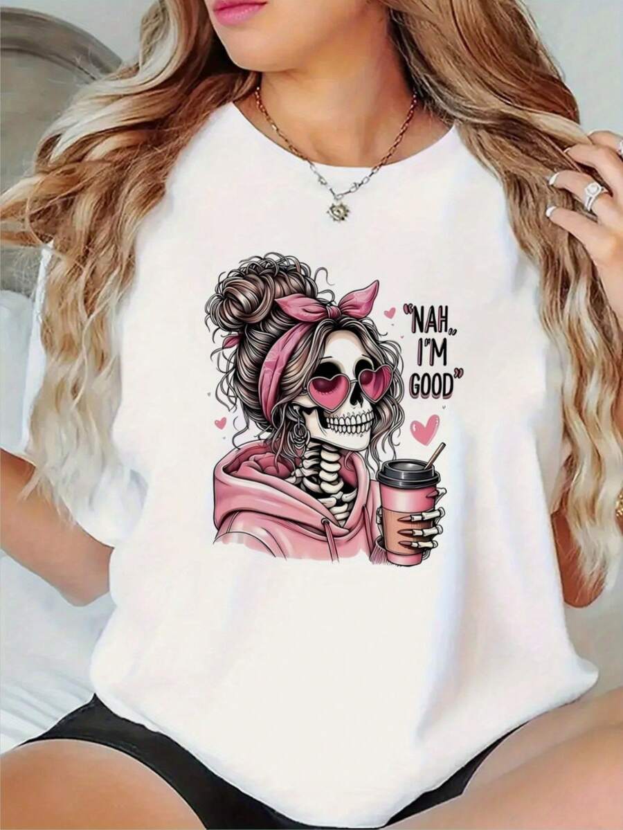 Mujer Camiseta de Mujer México Día de los Muertos Casual Versátil Cómodo y Elegante Camisa blanca con estampado de calavera de Día de los Muertos decorada con sombrero mexicano, estilo cómodo y atractivo para un look único en cualquier ocasión - Blanco - Ver 1