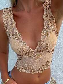Women's Y2k Summer Lace Tank Top Embellished Cami Top Sleeveless Deep V Neck Slim Fit Crop Top Party Going Out Top Clubwear - 黃色 - 查看 2