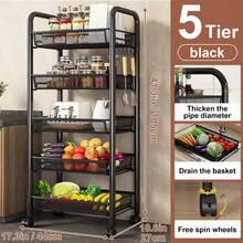 Senmeo Fruit Vegetable Basket Storage Cart 5 Tier Snack Cart Stackable Metal Mesh Vegetable Organizer With 360 Degree Wheels And Four Hooks 41 Inch High For Kitchen Pantry Bathroom Storage Black