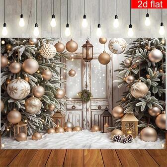 2D Flat Banner, 1 Christmas Themed Photography Background Cloth, Gold And Silver Christmas Ball Snow Scene Pattern Party Banner, Polyester Material, Bright , Suitable For Christmas Eve Wall Decoration, Living Room Celebration Outdoor Decoration, 2D Flat Design, Most Suitable For Christmas