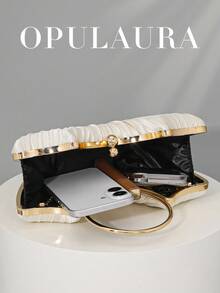 OpulAura 女士金属奢华晚装手拿包，优雅皮革派对手提包，闪光正式手拿包，适合礼服、舞会、婚礼、伴娘、生日礼服配饰 - 杏色 - 查看 3