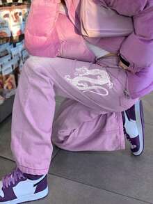 GILIPUR Y2K风格女士直筒宽松紫色长裤，中国龙刺绣设计，休闲复古风下装，优雅街头风春季单品 - 紫色 - 查看 4