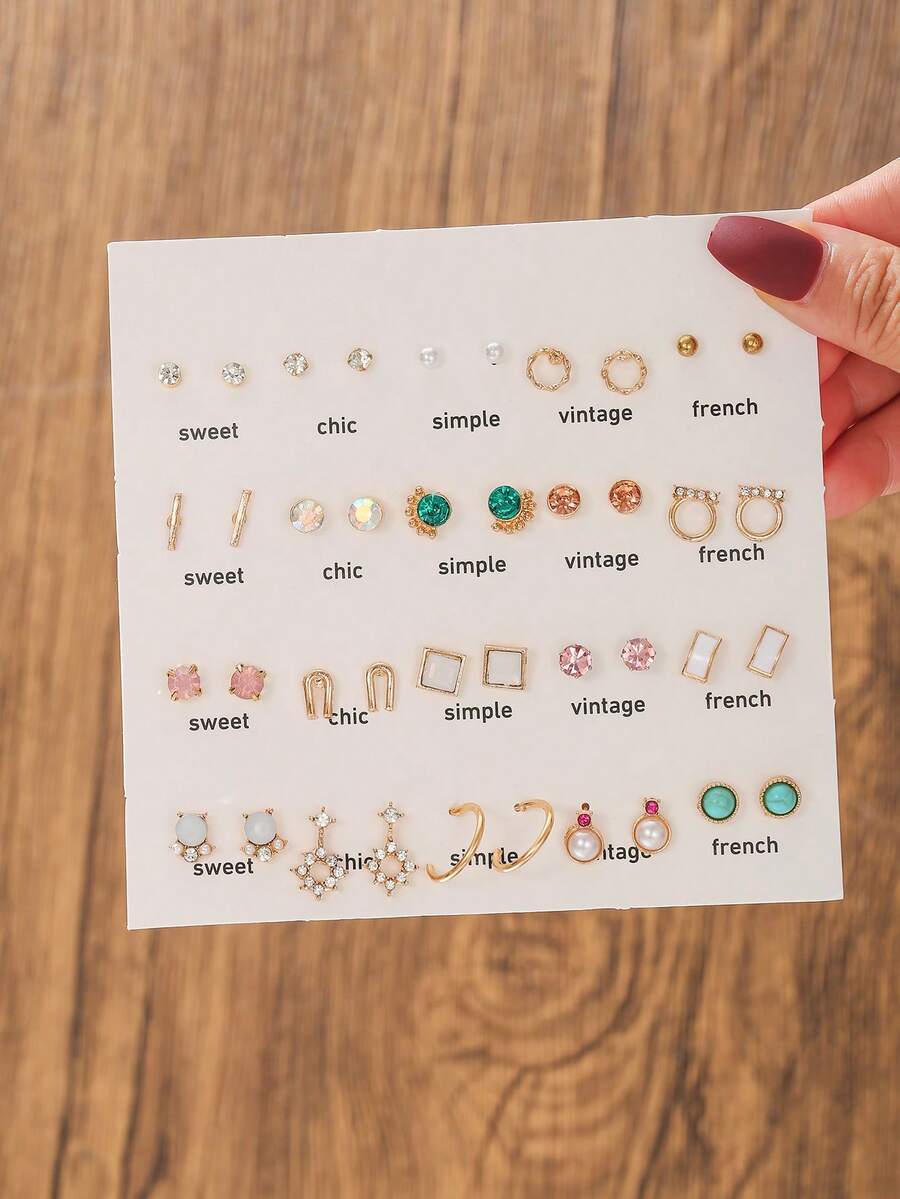 40pairs/Set Ladies' Geometric Faux Pearl & Rhinestone Decor Stud Earrings For Daily Wear - Multicolor - View 1