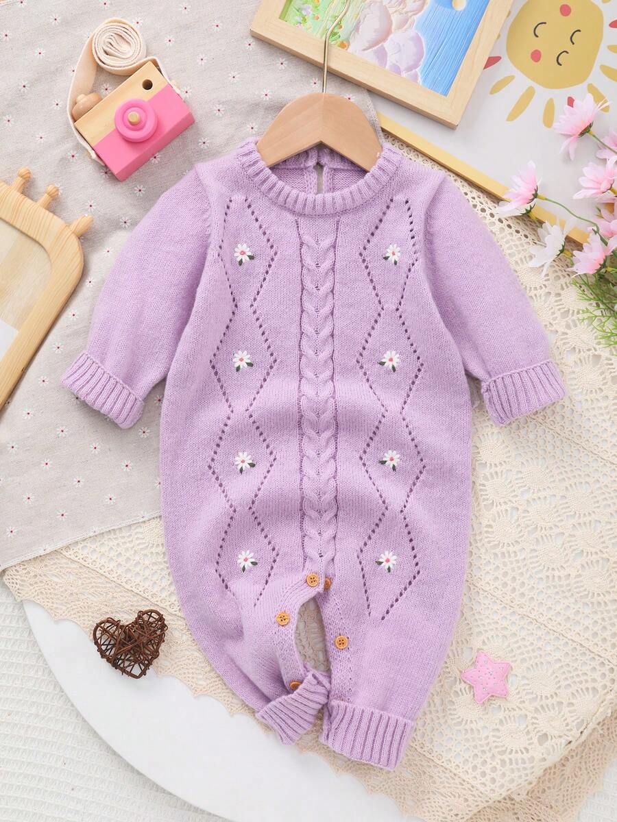 Baby Girl Casual Embroidered Long Sleeve Knitted Jumpsuit, Autumn/Winter