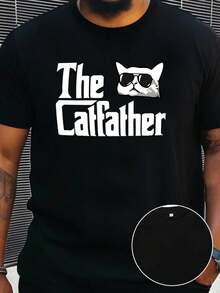 Camiseta de manga corta con estampado de gato para hombres de talla grande, cómoda y casual, con cuello redondo elástico, adecuada para actividades al aire libre de hombres. - Negro - Ver 1