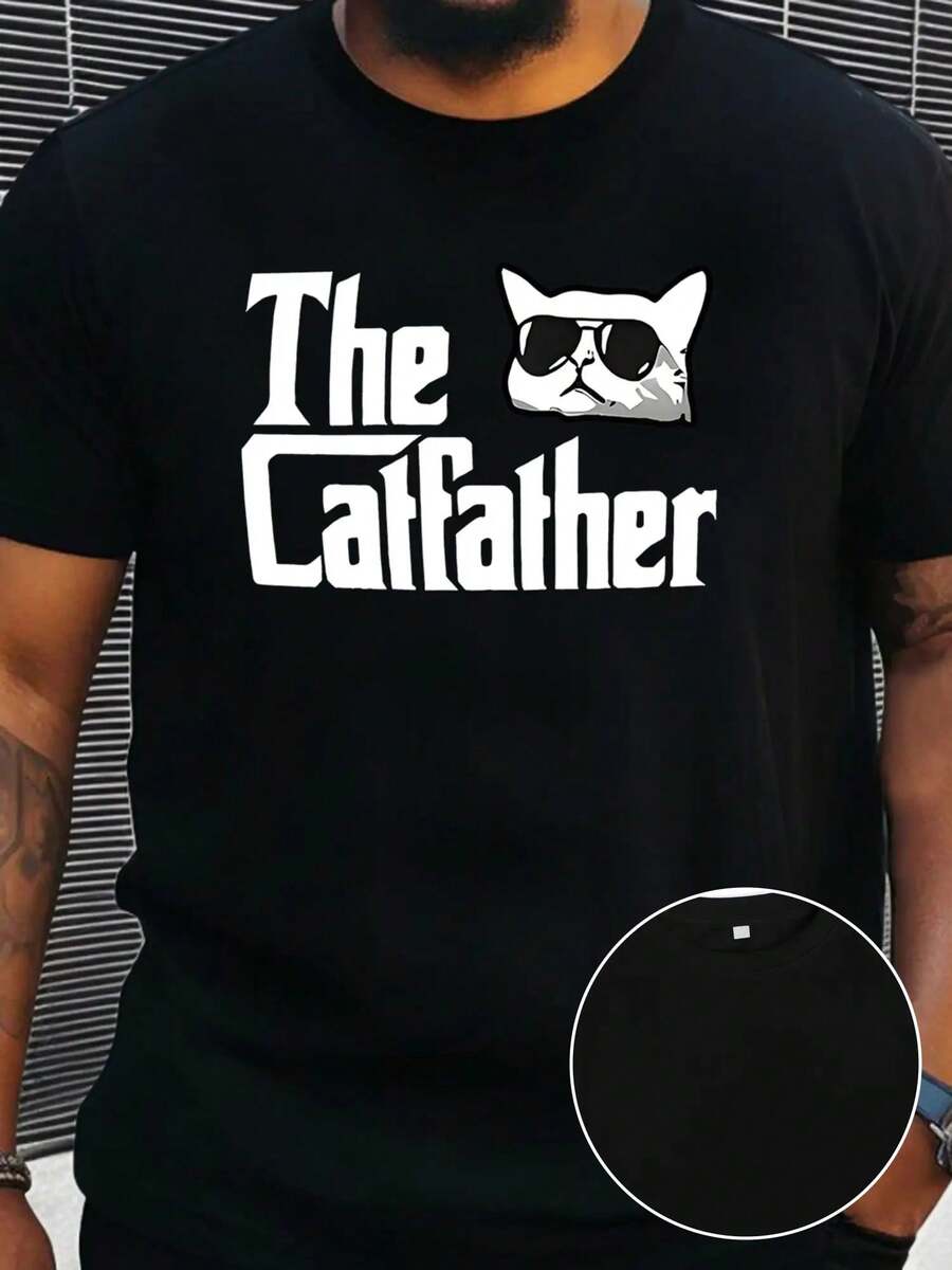 Camiseta de manga corta con estampado de gato para hombres de talla grande, cómoda y casual, con cuello redondo elástico, adecuada para actividades al aire libre de hombres. - Negro - Ver 1