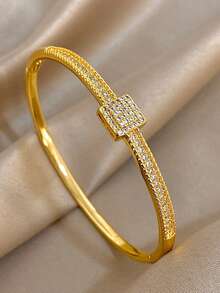 Juego de pulseras de acero inoxidable chapadas en oro de 18K con circonita, joyas de lujo y moda para mujeres, para Halloween, Navidad, Acción de Gracias, estilo bohemio, para uso diario, fiestas de verano, regalo para mamá, regalo de vuelta a la escuela, regalo de cumpleaños, regalo de aniversario, regalo de San Valentín