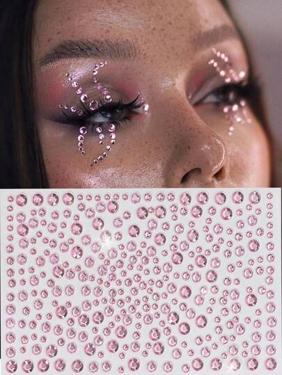 1Sheet Sparkling Pink Rhinestone Stickers,320Pcs 3D Multi-Size Imitation Gem Face Rhinestone Stickers DIY Makeup Party Masquerade Decorations,Self-Adhesive Rhinestone Stickers For Music Festival,Halloween,Concert Look,Face Gems