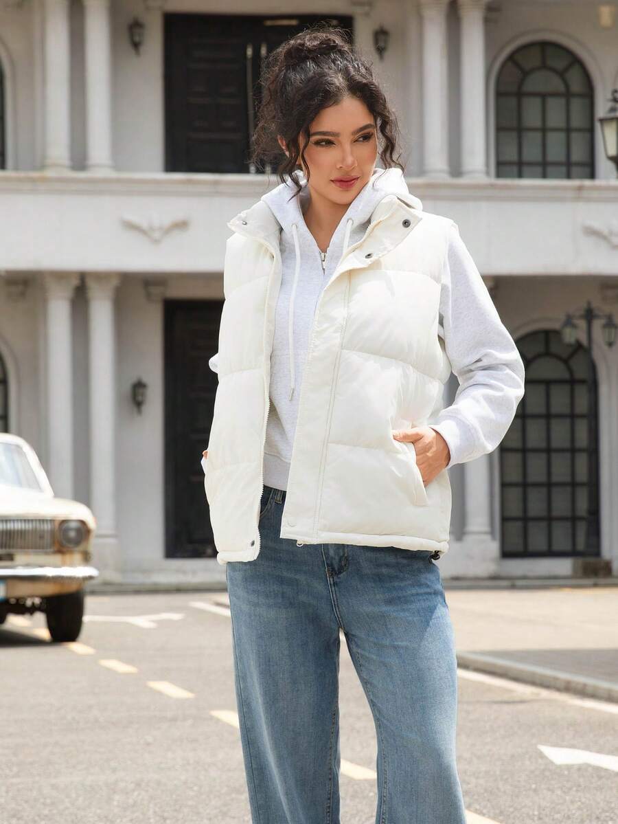 女士羽绒背心，纯色梭织面料，带抽绳，适合冬季日常穿着 - 白色 - 查看 1