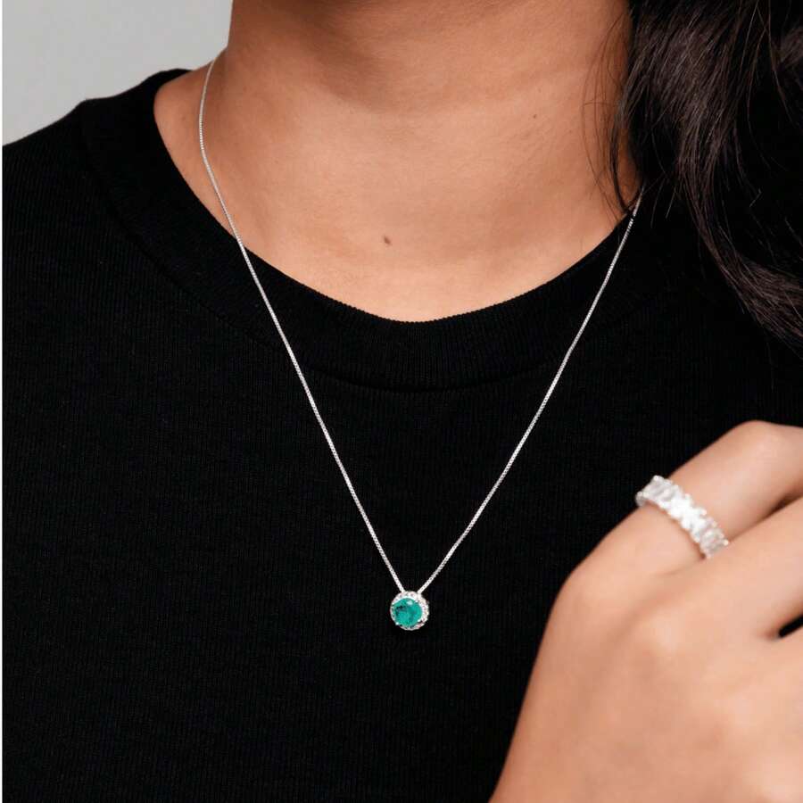 Fashion Women's Necklace, Colorful Round Pendant Inlaid With Imported Zirconia, 925 Silver Or 18K Gold Plated - Verde menta (prata) - 查看 1