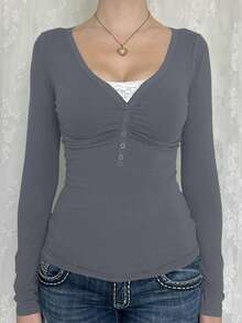 GAOVOT Women's T-Shirt, Y2K Spring/Summer Casual Daily Sexy Solid Color Lace Patchwork Fitted Long Sleeve V-Neck Top, Suitable For Commuting - Dark Grey - View 4