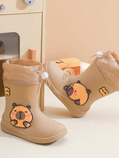 TEEOEC New Children's Mid-Calf Rain Boots, Thick Warm Rubber Rain Boots, Cute Cartoon Drawstring Design, Waterproof, High-End Rubber Shoes For Boys And Girls, Elementary School Students, Fresh Style Mid-Calf Rain Boots