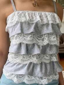 Women Lace Trim Camisole Slim Square Neck Spaghetti Strap Layered Tops - Xám - Xem 1