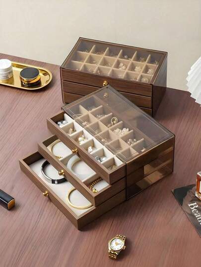 1个豪华黑胡桃木首饰盒，三层木质首饰收纳盒，抽屉式设计，亚克力首饰整理盒，经典款式，可收纳耳环、戒指、项链、手镯、吊坠，浴室收纳盒，桌面抽屉收纳盒，可堆叠收纳盒，优雅奢华展示礼盒