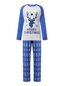 Kid Boys Christmas Set - Reindeer Print Raglan Sleeve Top And Plaid Pants, Holiday Outfits