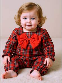 Baby Girl Cute Retro Chic Spring Autumn Thin Checkered Christmas Bow Decor Red Jumpsuit With Headband Set - Red - View 7