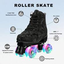 YYW Roller Skates For Women And Men Cowhide High-Top Shoes Classic Double-Row Roller Skate Four-Wheel Roller Skates For Men Girls Unisex Christmas(Camouflage Black Wheel Model) - 迷彩閃光輪 - 查看 3