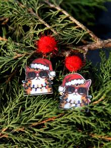 Acrylic Resin Santa Cat Earrings With Red Pom Poms – Cute Christmas Earrings, Funny Santa Cat Jewelry, Handmade Holiday Earrings, Xmas Accessories, Lightweight Christmas Jewelry, Resin Art Earrings For Christmas