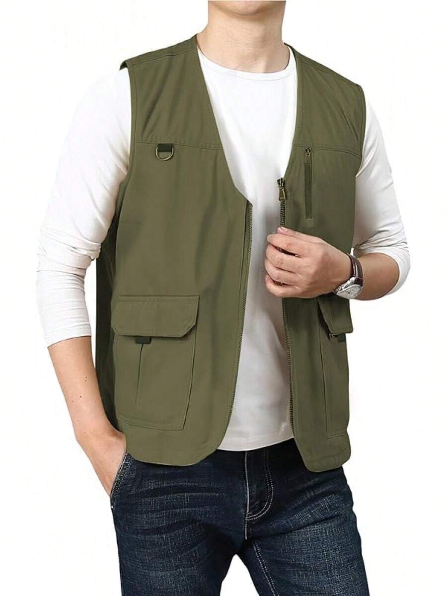 Men's Casual Outdoor Cotton Vest Lightweight Breathable Multi-Pocket Fishing Travel Vests OutwearChristmas IQWV - 04-綠色 - 查看 1