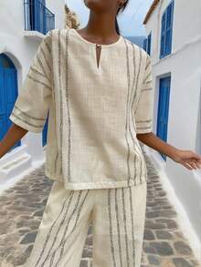 Women's Two Pieces Set, Casual And Elegant Vertical Striped Round Neck T-Shirt With Short Sleeves And Pants, Bohemian Style Linen Fabric Back To School Clothing, Perfect For Casual Clothing Sets, Fashionable Tops&Pants 