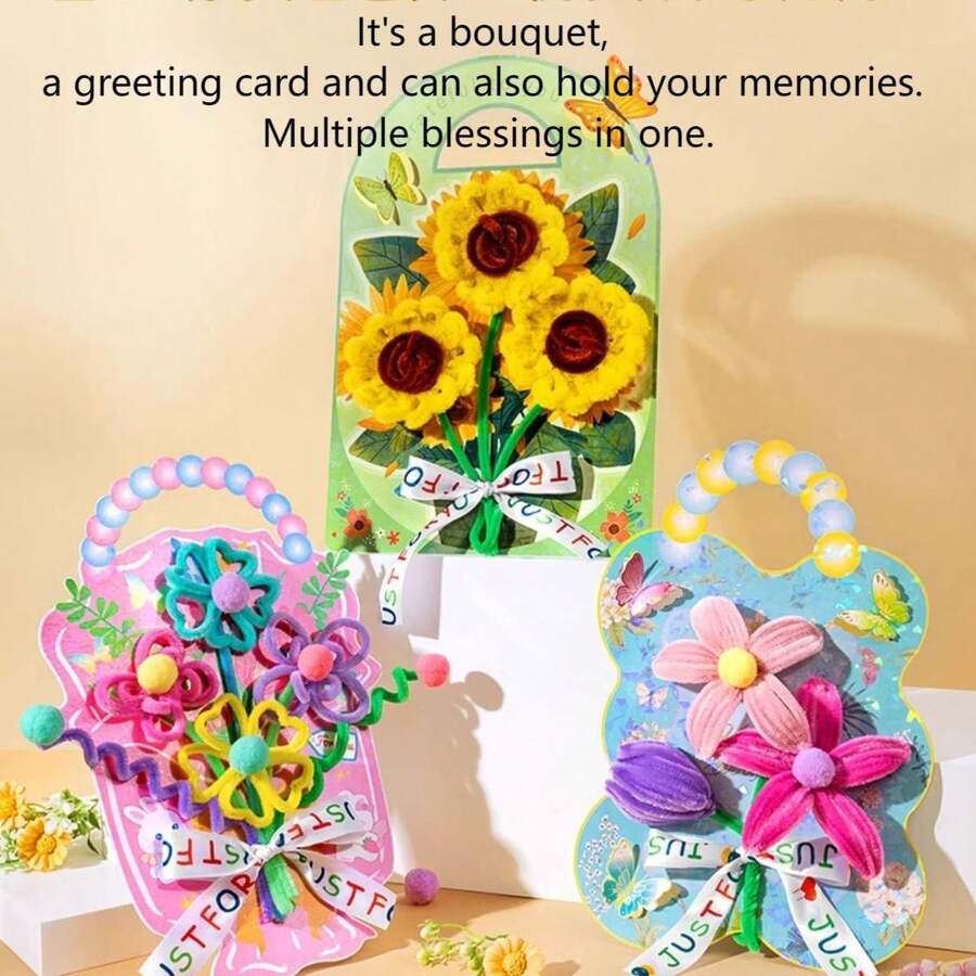 Handmade DIY Flower Greeting Cards, Festival Gift Cards. The Back Of The Cards Can Be Customized With Blessings. Suitable For Birthday, Mother's Day, Father's Day, Valentine's Day And Other Festivals. Three Sets Are Available.